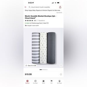 NWT Cloud Island Muslin Blanket Swaddles 3 pack